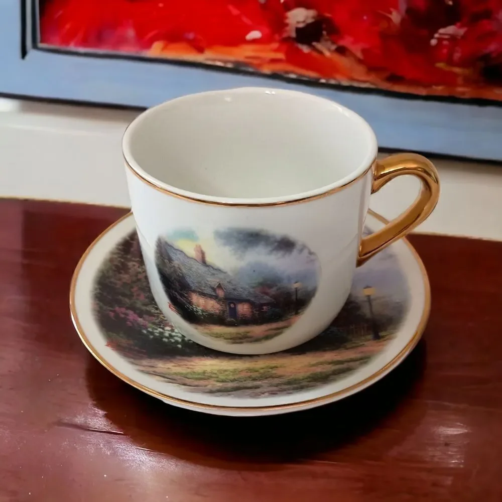 Thomas Kinkade Moonlight Cottage Tea Cup Saucer‎ Vase Teleflora Gold Trim Set